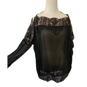 Gold Hawk Black 100% Silk Lace Trim Cold Shoulder Sheer Blouse Top Small